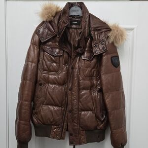 Brown Leather Jacket with FRacoon Fur Hood